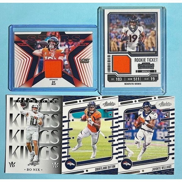 Denver Broncos 5 Card Lot Bo Nix + Mims patches & Bo Nix RC, C.Sutton,J.Williams - Picture 1 of 2
